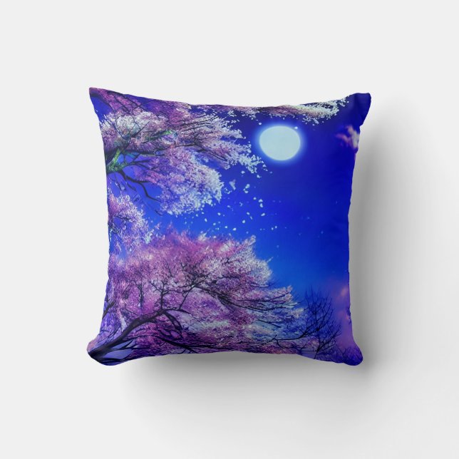 Coussin Arbre de printemps, lune, ciel bleu. (Recto)