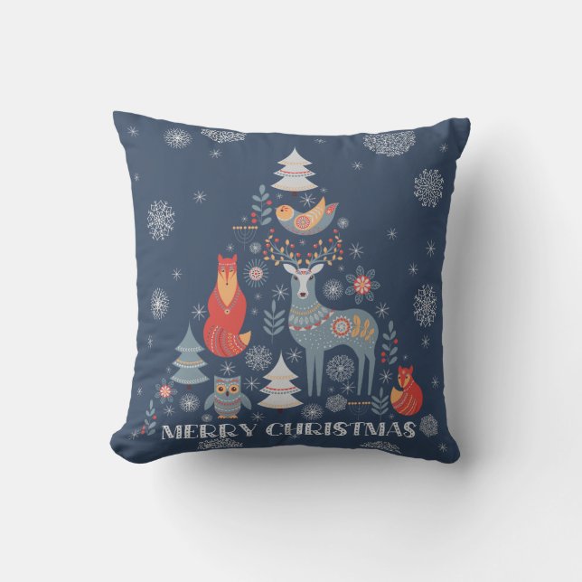 Coussin Arbre de rennes Snowflake animal scandinave bleu (Recto)