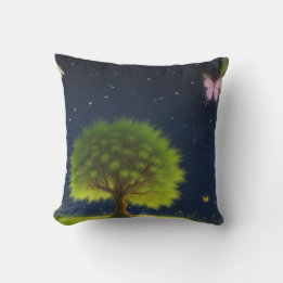 Coussin Arbre de saule de nuit avec papillons et lucioles
