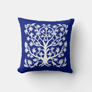 Coussin Arbre de vie #4 Blanc et Cobalt Bleu