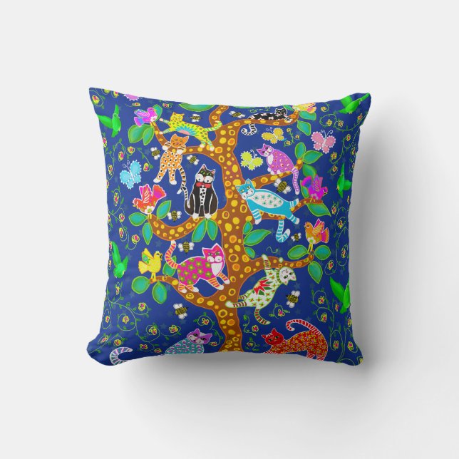 Coussin Arbre de vie avec chats et oiseaux (Recto)