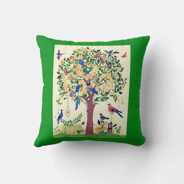 Coussin Arbre de vie avec oiseaux et fleurs (Verso)