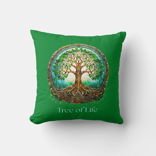 Coussin Arbre de vie celtique en vert émeraude (Recto)