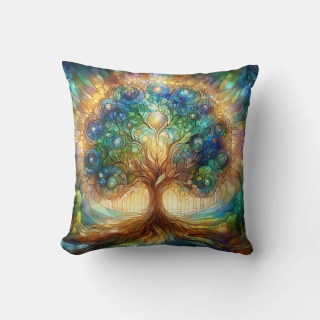 Coussin Arbre de vie design en vitrail Vintage (Recto)