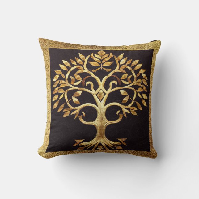 Coussin Arbre de Vie d'or par kedoki Ancien Rustique (Recto)