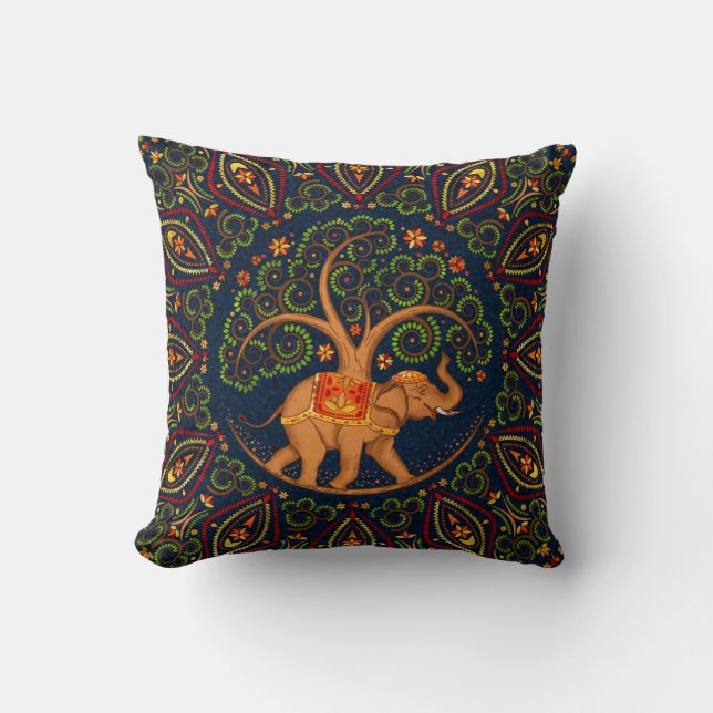Coussin Arbre de vie éléphant à Mandala (Recto)