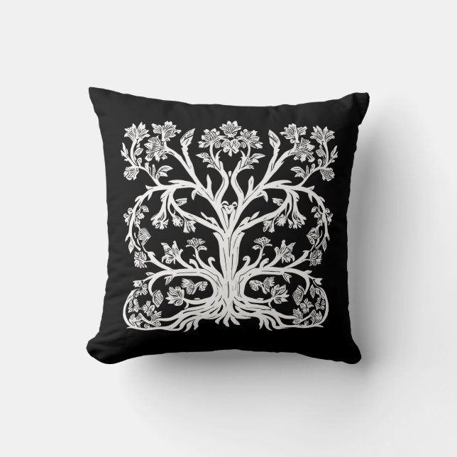 Coussin Arbre de vie floral en blanc sur noir (Recto)