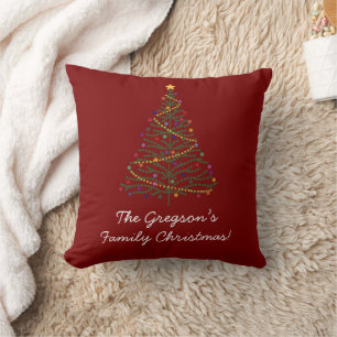 Coussin Arbre décoré 'Joyeux Noël' et nom de famille Rouge