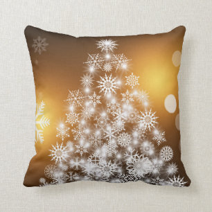 Coussin Arbre d'or de flocon de neige de Bokeh de Noël