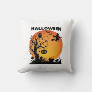 Coussin Arbre effrayant Halloween Sorcière volante Lune or