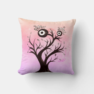 Coussin Arbre fou Créature Encre Art Imaginaire rose