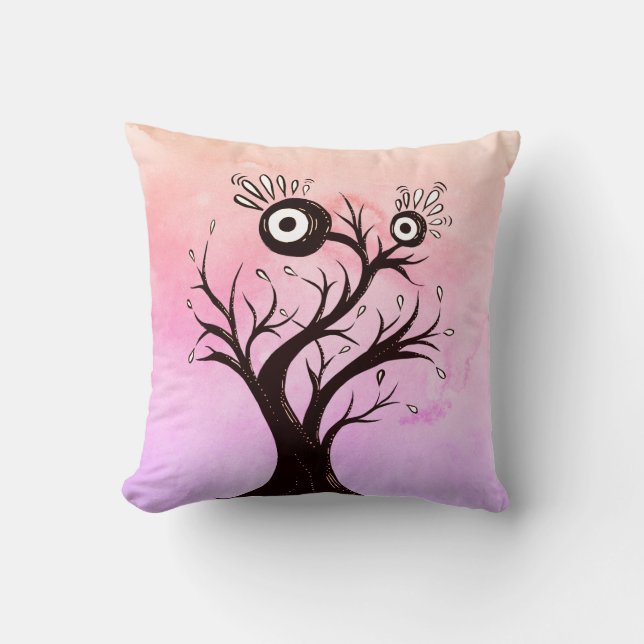 Coussin Arbre fou Créature Encre Art Imaginaire rose (Recto)