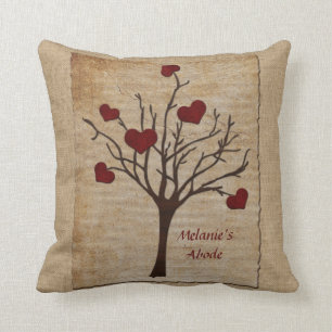 Coussin Arbre fruitier d'amour de coeurs rouge-foncé de