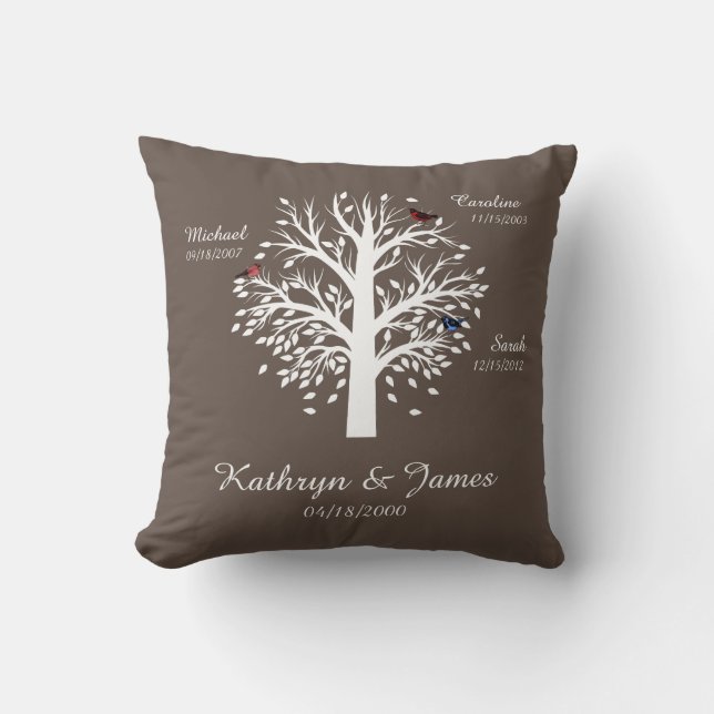 Coussin Arbre généalogique, arbre blanc sur le Taupe avec (Recto)