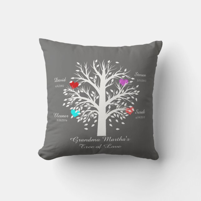 Coussin Arbre grand-mère (coeurs) Blanc sur gris, 4 noms/d (Recto)