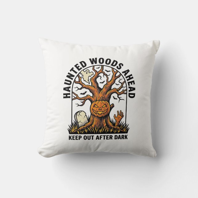 Coussin Arbre Hanté Effrayant Chemise d'Avertissement Hall (Recto)