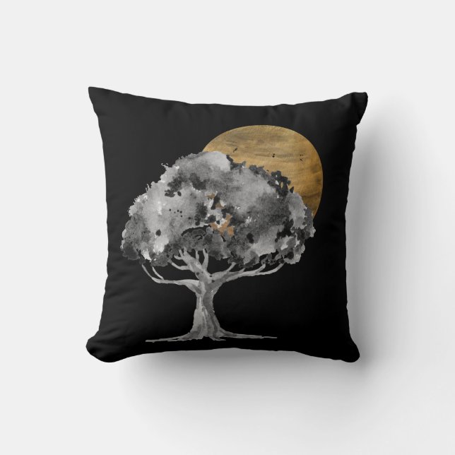 Coussin Arbre noir or lune digitale Art (Recto)
