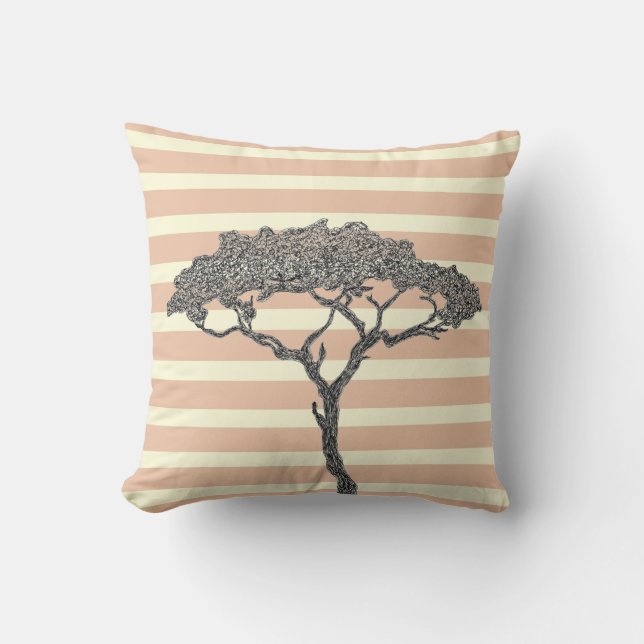 Coussin Arbre noir rayé rose (Recto)