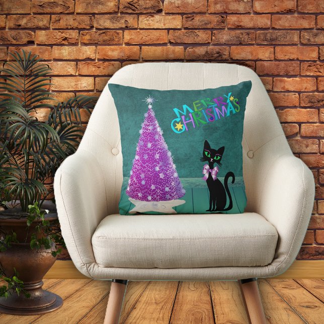 Coussin Arbre Rose Tilleul Chat Noir Salle Sarcelle Fêtes  (Pink silver tree on star rug black cat teal walls floor on Merry Christmas throw pillow.)