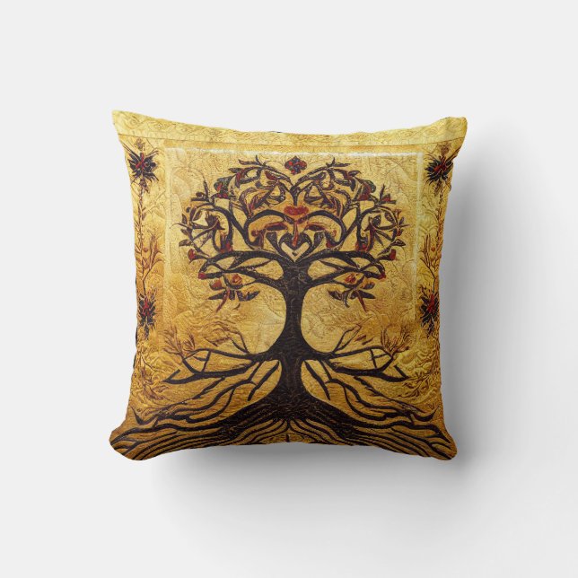 Coussin Arbre rouge et or rustique de LIfe par kedok (Recto)