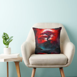 Coussin Arbre rouge mystique sous la pleine lune
