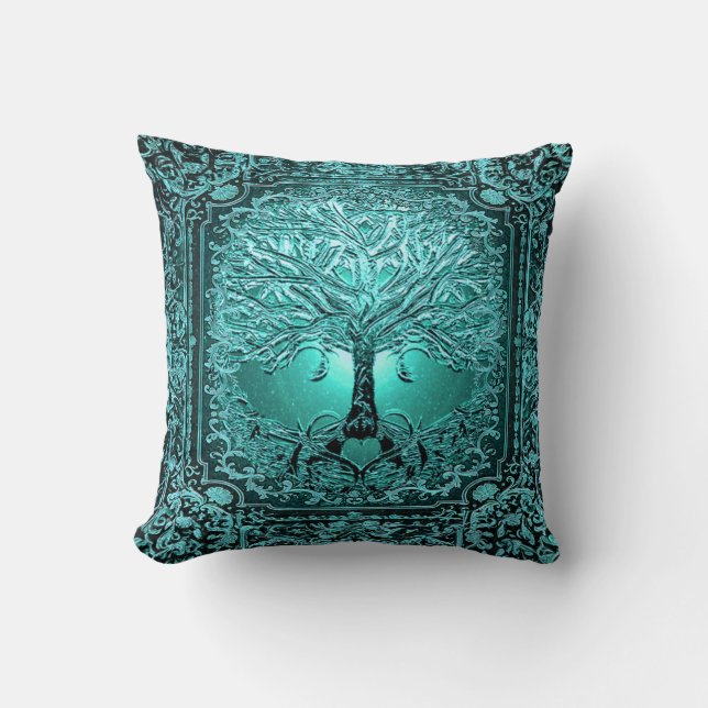 Coussin Arbre turquoise de vie Ancien Rustique (Recto)
