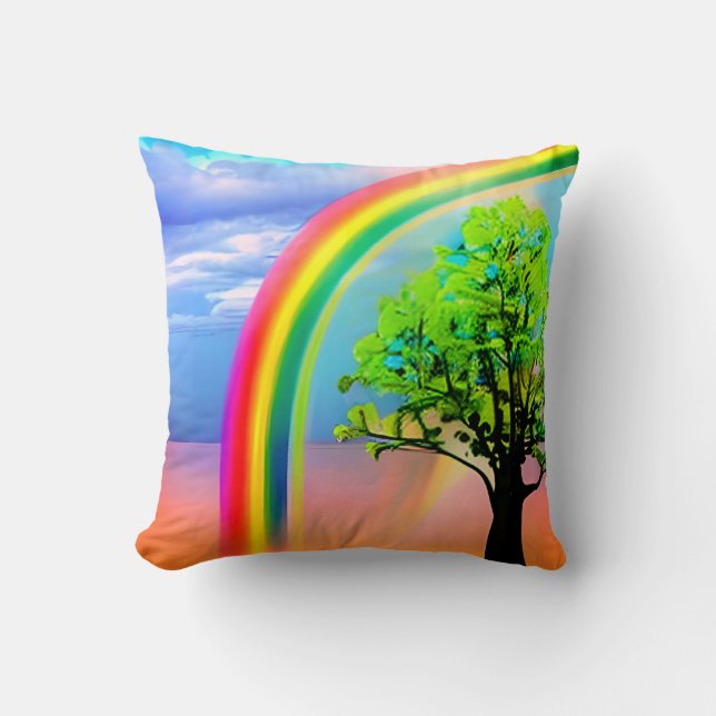 Coussin Arbre vert sous arc-en-ciel (Recto)