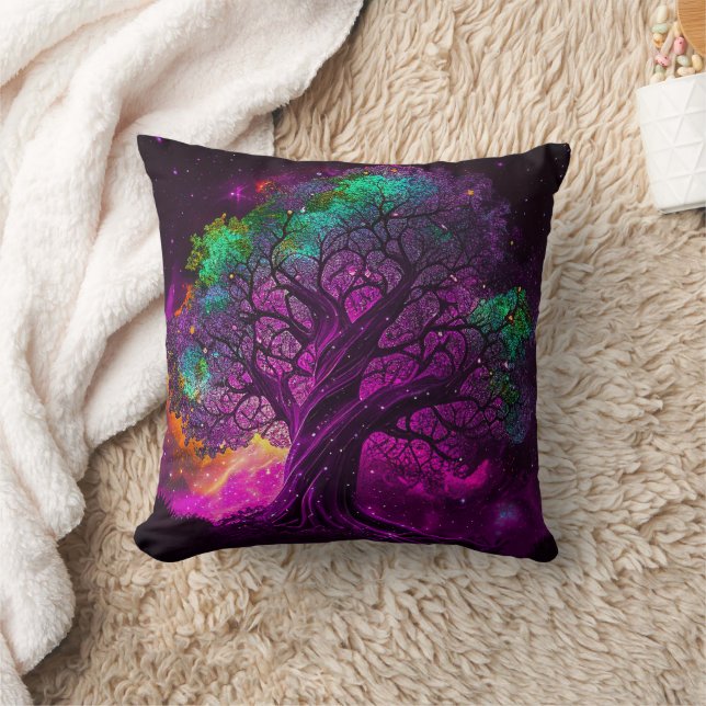 Coussin Arbre Violet Coloré Étoiles Univers Art | (Couverture)