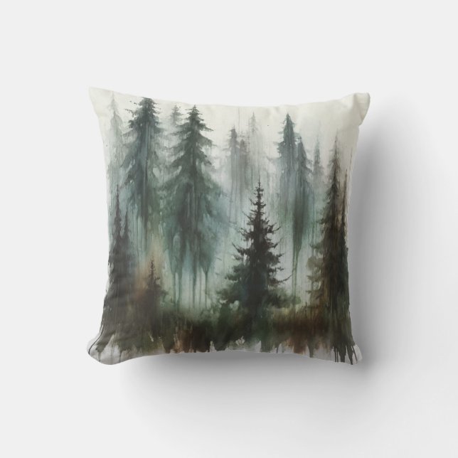 Coussin Arbres à l'aquarelle Rustique Wilderness  (Recto)