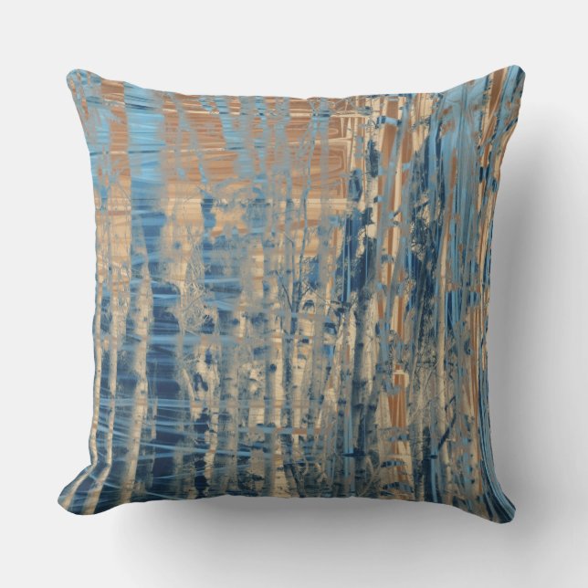 Coussin Arbres birches striés de bleu, orange clair et jau (Recto)