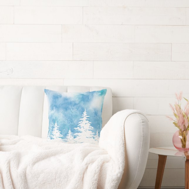 Coussin Arbres couverts de neige bleu Aquarelle Turquoise (Canapé)