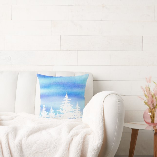 Coussin Arbres couverts de neige Bleu Violet Aquarelle Lav (Canapé)