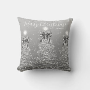 Coussin Arbres de Noël argentés pour les fêtes avec nom