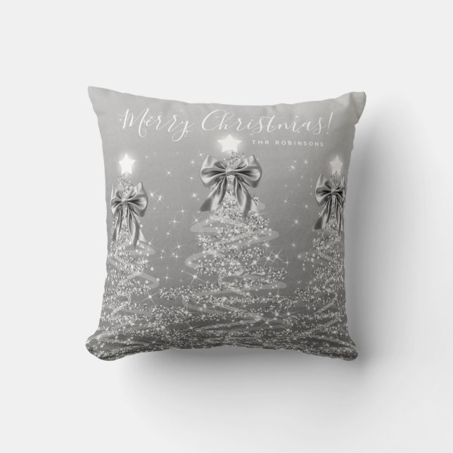 Coussin Arbres de Noël argentés pour les fêtes avec nom (Recto)