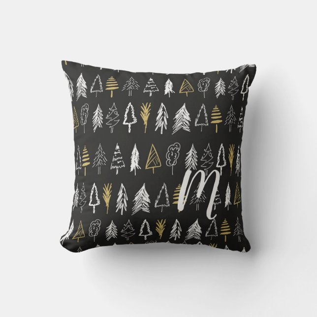 Coussin Arbres de Noël d'hiver - Noir et or - Monogramme (Recto)