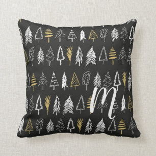 Coussin Arbres de Noël d'hiver - Noir et or - Monogramme