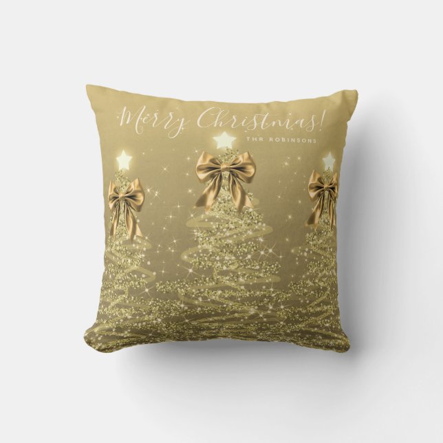 Coussin Arbres de Noël dorés pour les fêtes avec nom (Recto)