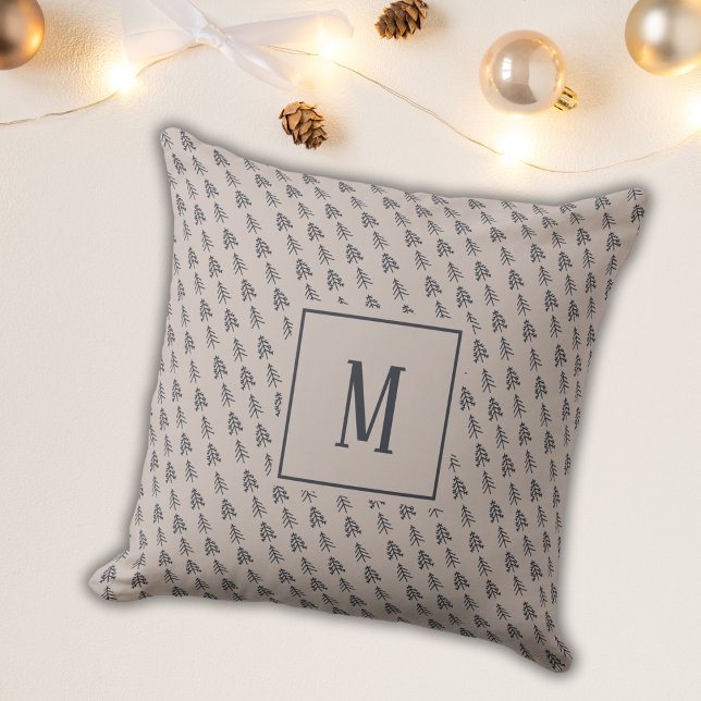 Coussin Arbres de Noël élégants gris Monogramme bleu (Créateur téléchargé)