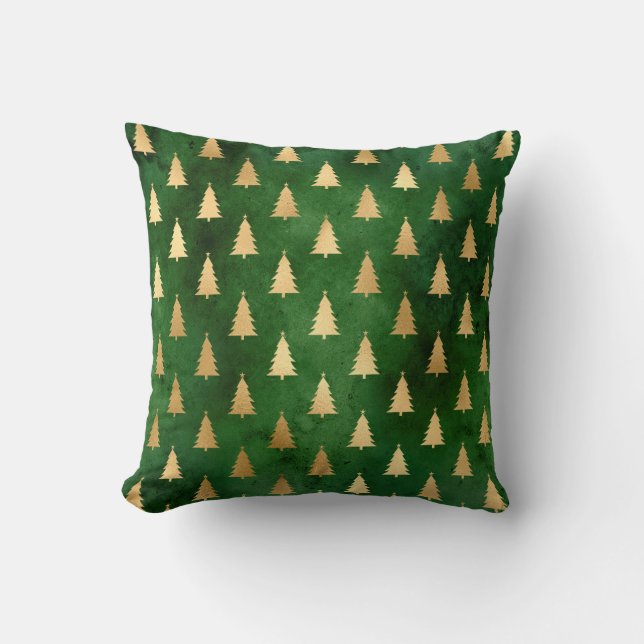 Coussin Arbres de Noël en or métallique sur vert (Recto)