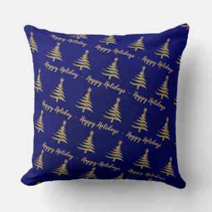 Coussin Arbres de Noël en or sur bleu