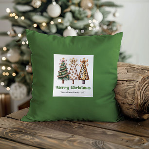 Coussin Arbres de Noël festifs aquarelle nom personnalisé