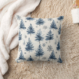 Coussin Arbres de Noël Flocons de Neige Bleus Blancs