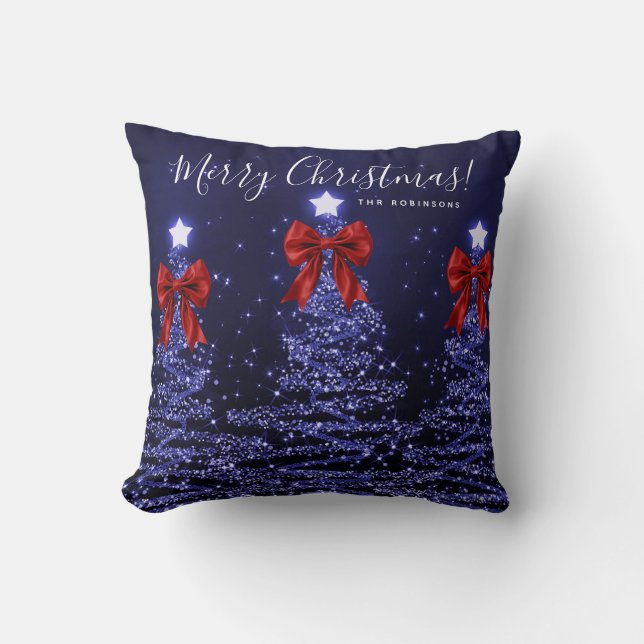 Coussin Arbres de Noël Navy Fête de fin d'année Nom Rouge  (Recto)