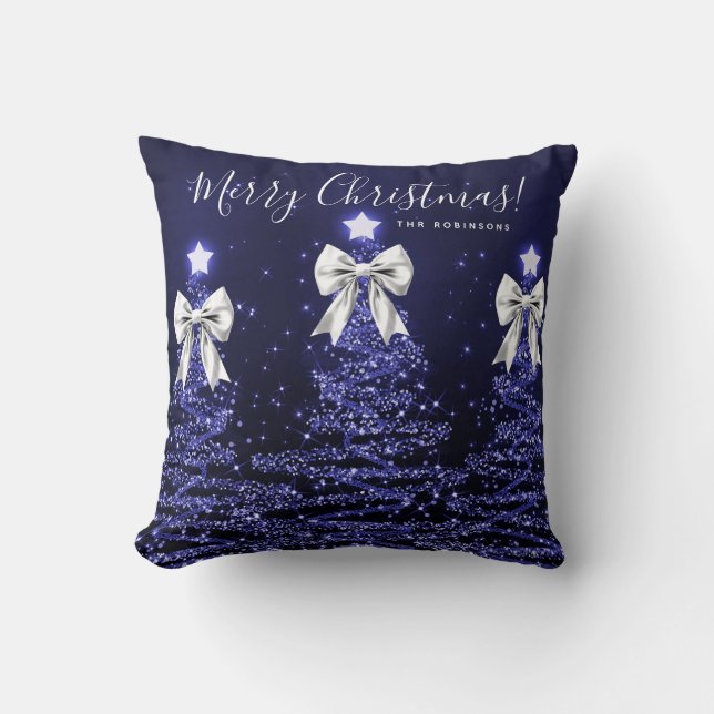 Coussin Arbres de Noël Navy Fête de Noël Nom Argent (Recto)