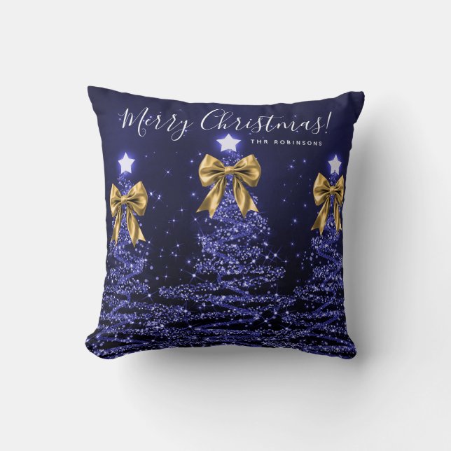 Coussin Arbres de Noël Navy Fête de Noël Nom Or  (Recto)