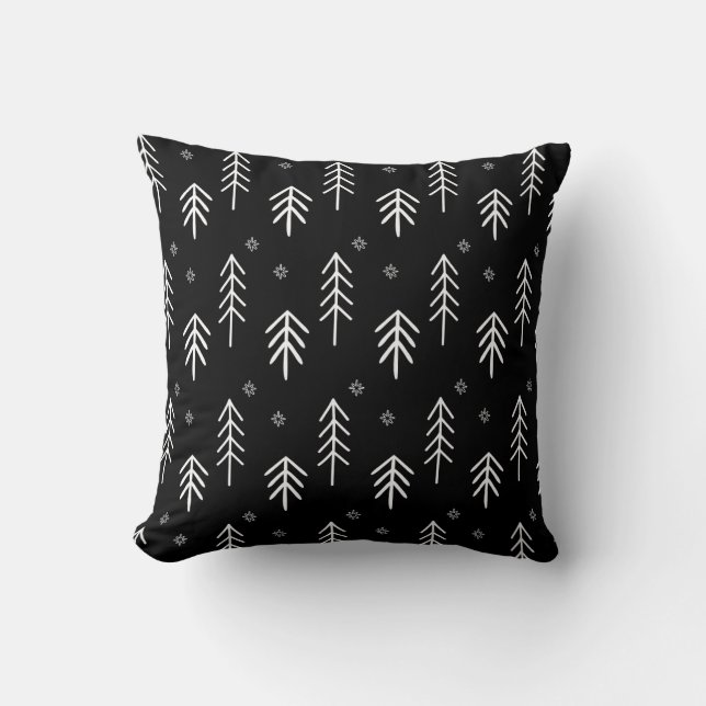 Coussin Arbres de Noël noirs et blancs modernes Snowflakes (Recto)