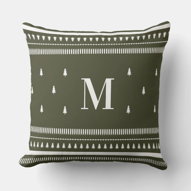 Coussin Arbres de Noël nordiques et monogrammes verts (Recto)