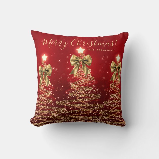 Coussin Arbres de Noël rouges dorés de fête avec nom (Recto)