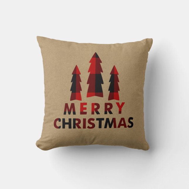 Coussin Arbres de Noël rustiques joyeux plaid rouge de buf (Recto)
