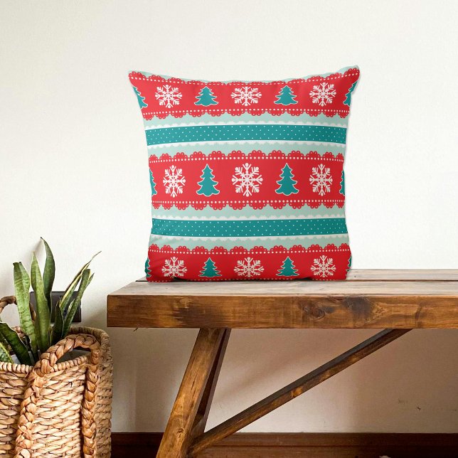 Coussin Arbres de Noël Snowflakes Rouge Turquoise Motif (Créateur téléchargé)